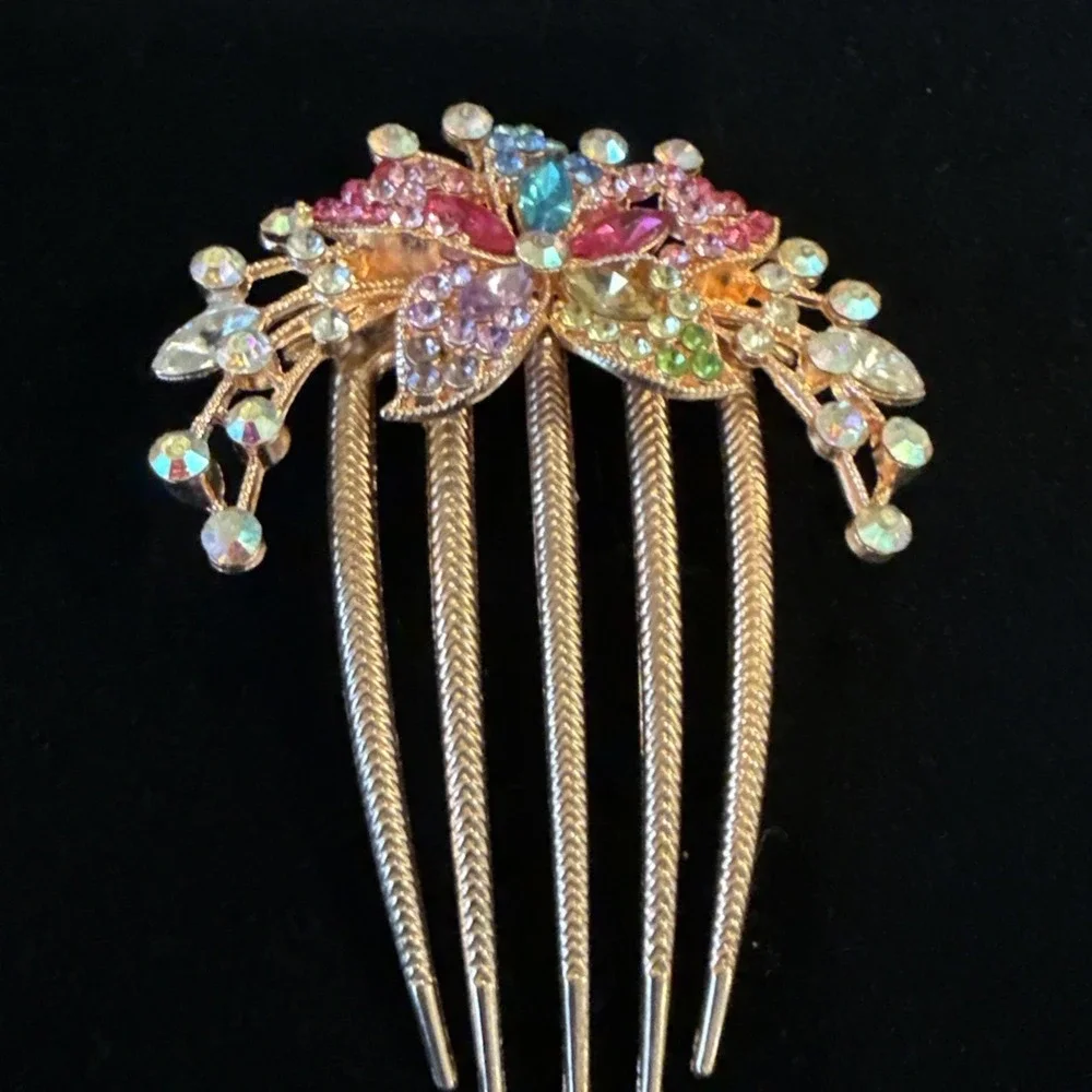 Vintage Style Decorative Floral Hair Comb‎ InLaid With Colorful Rhinestones Boho